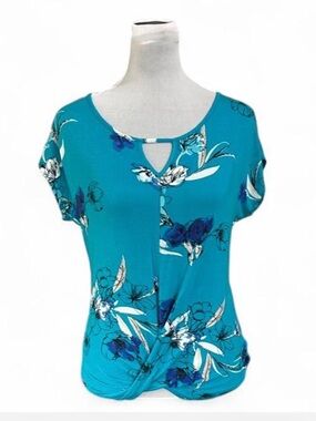Apt. 9 Teal Floral Keyhole Twist-Hem Tee